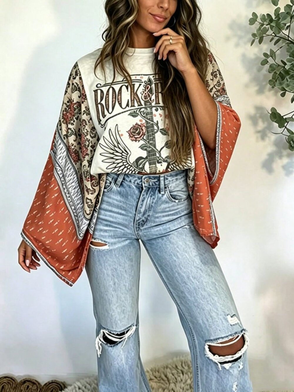 Orange Casual Women's Loose Fit Batwing Sleeve Round Neck Graphic Printed Top - Picture 5 of 6